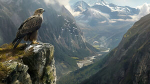 A breathtaking mountain backdrop with a large bird resting on a rugged cliff edge symbolizing the untamed beauty of the wilderness