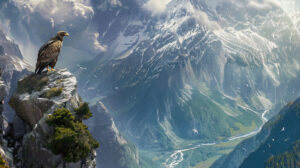 A breathtaking mountain view showcasing a large bird resting on a rugged cliff epitomizing the untamed beauty of nature