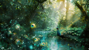 A captivating wallpaper featuring a serene forest setting with peacock feathers gracefully drifting in the air evoking a feeling of enchantment and curiosity