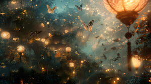 A captivating wallpaper of a dreamlike scene featuring mystical moths fluttering around luminous lanterns casting a spellbinding play of light and shadow