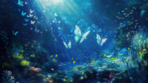 A captivating wallpaper of luminescent moths gracefully gliding through a surreal underwater scene with coral reefs and shimmering sea plants