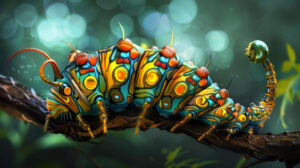 A caterpillar evolving into a butterfly reflecting change and development displayed in an artistic wallpaper named Metamorphosis and Growth
