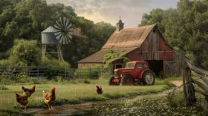 A charming barnyard with chickens pecking around, a weathered windmill, and a farmer's tractor parked beside the barn