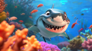 A charming cartoon shark with large endearing eyes and a warm smile drifts gracefully amid a vibrant coral reef in this delightful wallpaper