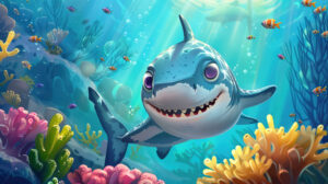 A charming cartoon shark with large endearing eyes and a warm smile glides through a vibrant coral reef in this wallpaper