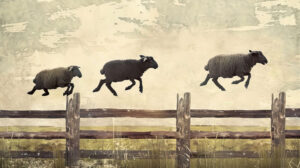 A charming wallpaper featuring a playful black sheep leaping over a rustic fence to add whimsy to any room