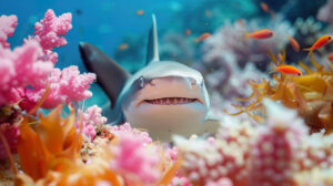 A charming wallpaper featuring a playful shark pup peering out from a coral reef luring you into its aquatic realm with a sly smile