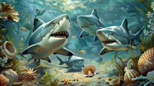 A charming wallpaper showcases cute sharks merrily playing amidst seashells and seaweed in a whimsical underwater setting