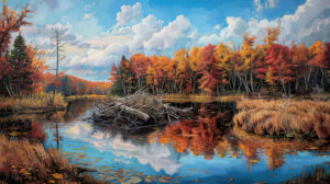 A charming woodland landscape, with a beaver dam reflecting the warm hues of autumn foliage against a serene blue sky
