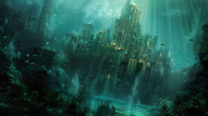 A city of Atlantis emerging from the depths, bathed in bioluminescent hues