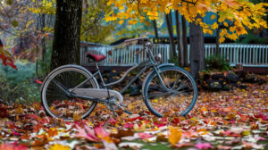 A classic cruiser bike is seen beneath a colorful canopy of autumn leaves symbolizing the essence of adventure preserved as a wallpaper