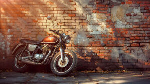 A classic motorcycle rests against an aged brick wall soaking up the gentle light of the afternoon sun in a wallpaper titled Vintage Charm