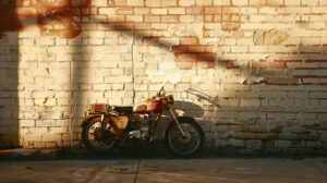 A classic motorcycle rests by a worn brick wall bathing in the soft afternoon sunlight