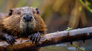 A close up of a beaver gnawing on a branch, showcasing its industrious nature and sharp teeth