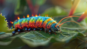 A close up of a colorful caterpillar munching on a leaf, its vibrant stripes and fuzzy texture adding a pop of color to the scene