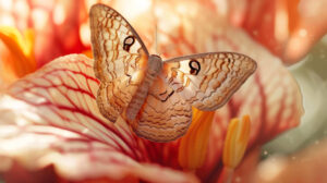 A close up of a delicate moth resting on a vibrant flower petal, its intricate patterns and soft colors illuminated by sunlight
