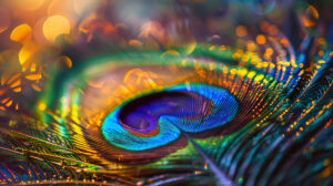 A close up of a majestic peacock feather, with its iridescent hues and intricate patterns shimmering in the sunlight