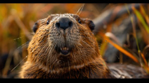 A close up portrait capturing the adorable face and curious expression of a beaver, surrounded by its natural habitat