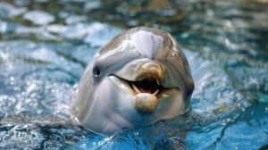 A close up portrait capturing the soulful eyes and captivating smile of a dolphin, showcasing its intelligence and beauty