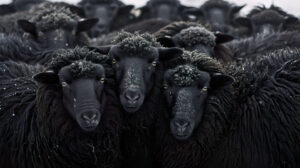 A cluster of black sheep gathered closely for warmth their fluffy coats forming a snug scene in the chilly setting