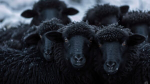 A cluster of dark sheep crowded for warmth their woolly coats forming a snug scene against the chilly backdrop