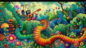 A colorful wallpaper portraying lively caterpillars partaking in various activities like dancing and playing musical instruments in a vibrant garden scene