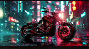 A custom built chopper gleaming under the neon lights of a bustling city street, exuding power and style