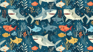 A delightful wallpaper featuring rows of cheerful sharks and vibrant ocean designs adding a whimsical touch to your space