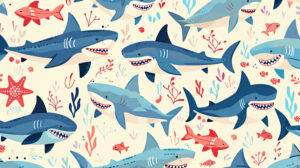 A delightful wallpaper featuring rows of cheerful sharks and vibrant ocean themed elements adding a whimsical touch