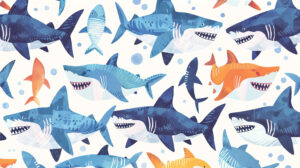 A delightful wallpaper featuring rows of friendly sharks and vibrant ocean designs adding a whimsical touch to your space