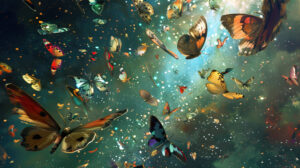 A depiction capturing the elegant flight of moths creating intricate patterns against a starlit sky in wallpaper form