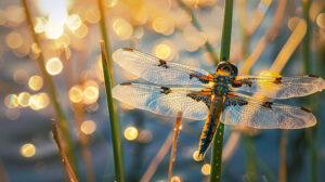 A dragonfly rests gracefully on a reed its shimmering wings catching sunlight with rippling water in the background creating a scenic wallpaper