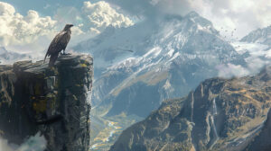 A dramatic mountain vista, with a big bird perched on a rugged cliffside, its majestic presence a symbol of wilderness