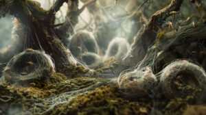 A dreamy forest landscape with caterpillars weaving silk threads among the branches, creating intricate cocoons