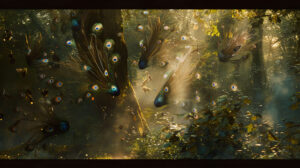 A dreamy forest scene with peacock feathers floating gently on a breeze, creating a sense of magic and wonder
