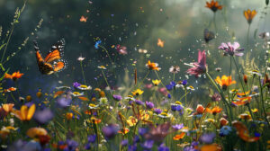 A dreamy meadow filled with wildflowers, where colorful moths flit and flutter amidst the fragrant blooms