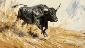 A dynamic depiction of a fierce black bull charging through a field energy vividly captured in expressive brushstrokes ChargingBull.jpg