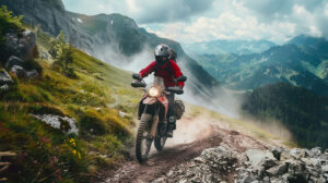 A fearless rider skillfully taming rocky trails on a rugged adventure bike built to conquer challenging terrain