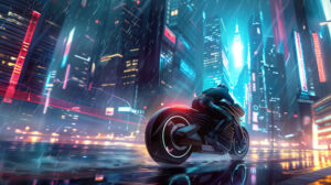 A futuristic concept bike speeding through a cityscape of towering skyscrapers and neon lit streets