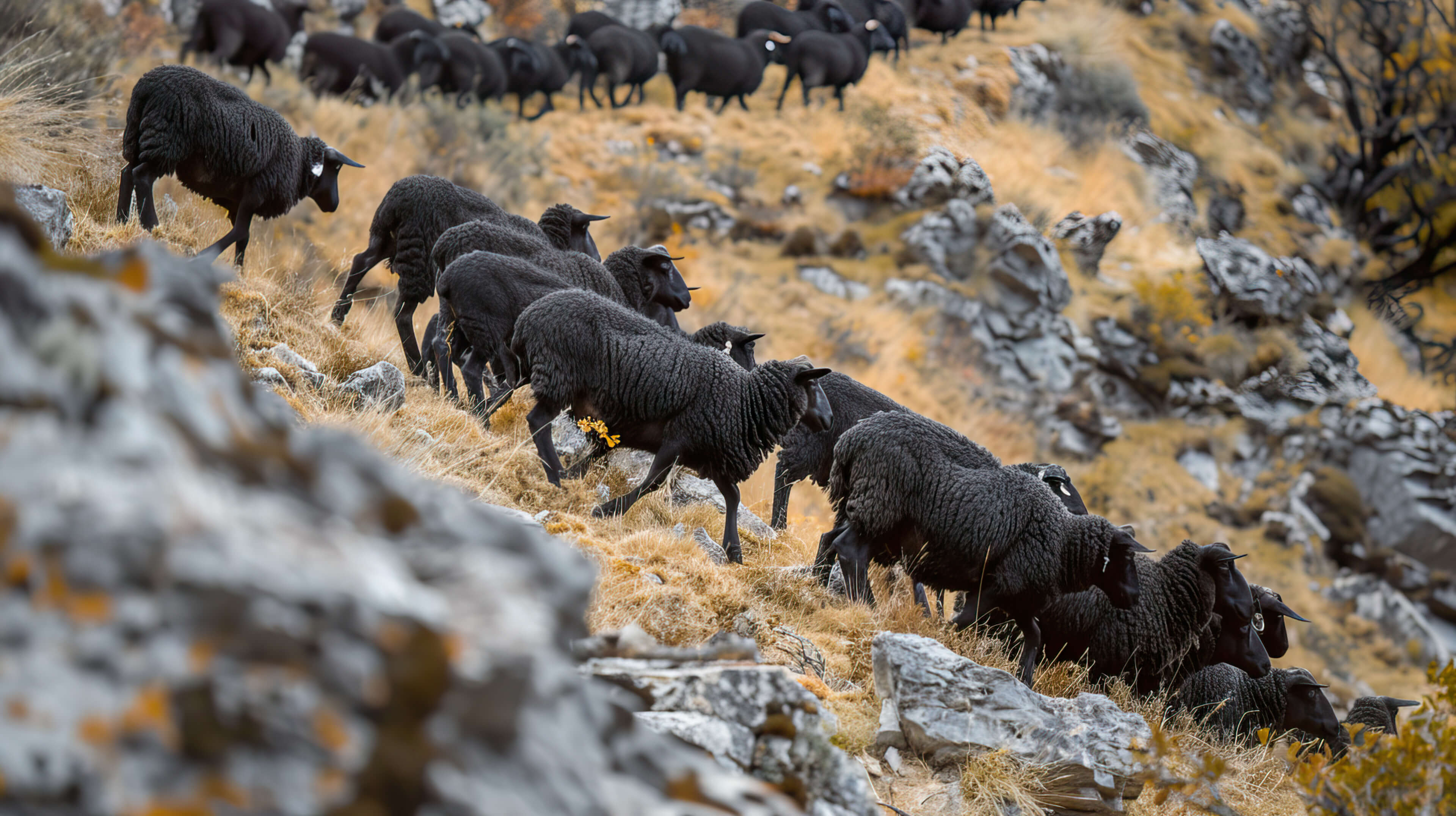 A group of black sheep moving across a rough hillside their fluffy bodies merging effortlessly with the rocky landscape. Capture this serene scene in Woolly Wanderers on the Hill.jpg A group of black sheep moving across a rough hillside their fluffy bodies merging effortlessly with the rocky landscape. Capture this serene scene in Woolly Wanderers on the Hill.jpg