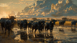 A herd of dark hued bulls gather at a watering hole in the vast savanna creating a majestic scene. Try using black bulls for better flow and a more natural sound