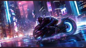 A high tech bike races through a cityscape dominated by towering skyscrapers and neon lit streets in this captivating wallpaper