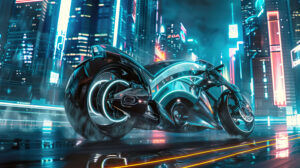A high tech bike races through a cityscape with towering skyscrapers and neon lit streets in the background in the wallpaper called Futuristic Rush