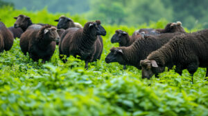 A hillside with a group of black sheep grazing their woolly shapes contrasting beautifully against the vibrant green grass in the background