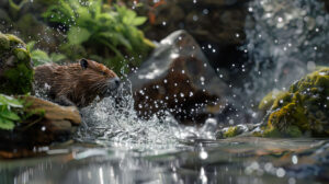 A lively beaver frolicking in a pristine mountain brook embraced by mossy boulders and verdant foliage as captured in the wallpaper