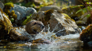 A lively beaver frolicking in a pristine mountain stream encircled by rocks adorned with moss and vibrant greenery