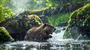 A lively beaver frolicking in a pristine mountain stream surrounded by mossy rocks and vibrant green foliage