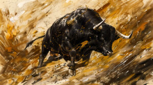 A lively portrayal of a powerful black bull rushing across a meadow its vigor captured in vibrant brushstrokes