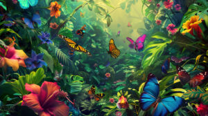 A lively tropical garden abuzz with bees butterflies and beetles enjoying nectar from vibrant flowers