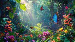 A lively tropical garden bustling with bees butterflies and beetles enjoying nectar filled flowers available as a wallpaper named vibrant tropical garden.jpg